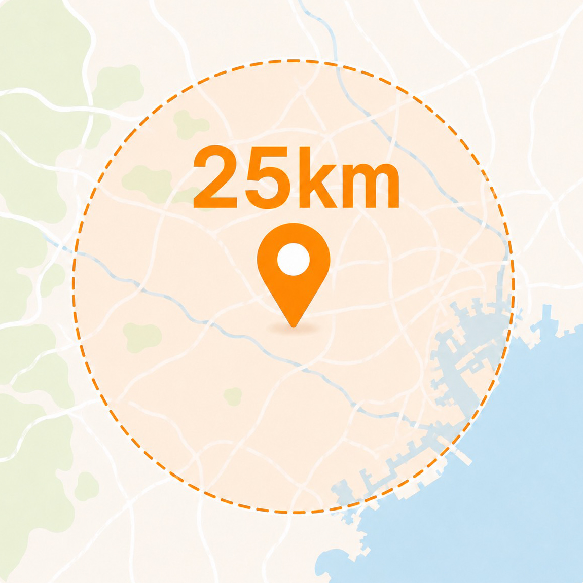 営業所を中心とした半径25kmのデリバリー対象エリア